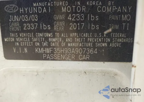 2003 Hyundai Sonata Gls/Lx из США, поврежденный, VIN KMHWF35H93A907364